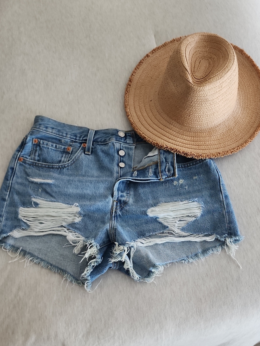 Levi's 501 Button Fly Light Blue Distressed High-Rise Denim Shorts